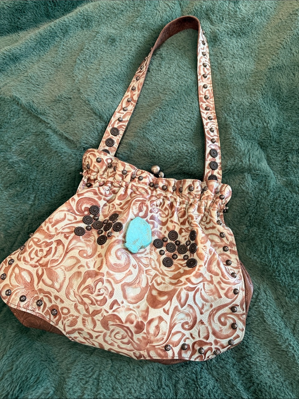 Leather Shoulder Bag Brown and Turquoise